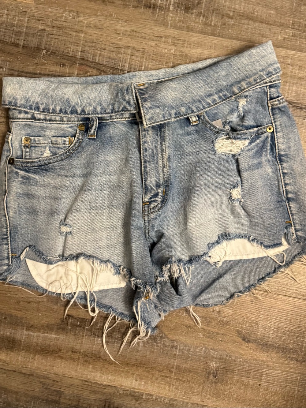 Pistola Foldover Waist Distressed Denim Shorts Size 29 Light Wash